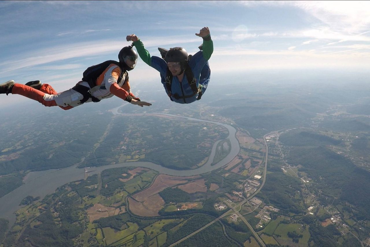 Man experiencing free fall during AFF training at the skydiving company